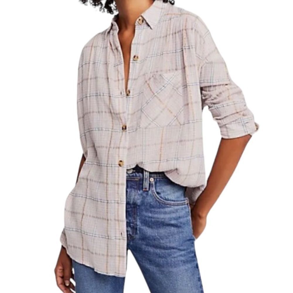 Free People Oversized Break My Stride Button Front Pink & Metallic Top Size S 📦
